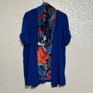 Notations Blue Floral Print Cardigan Style Shirt Layered Look Scarf Necklace XL